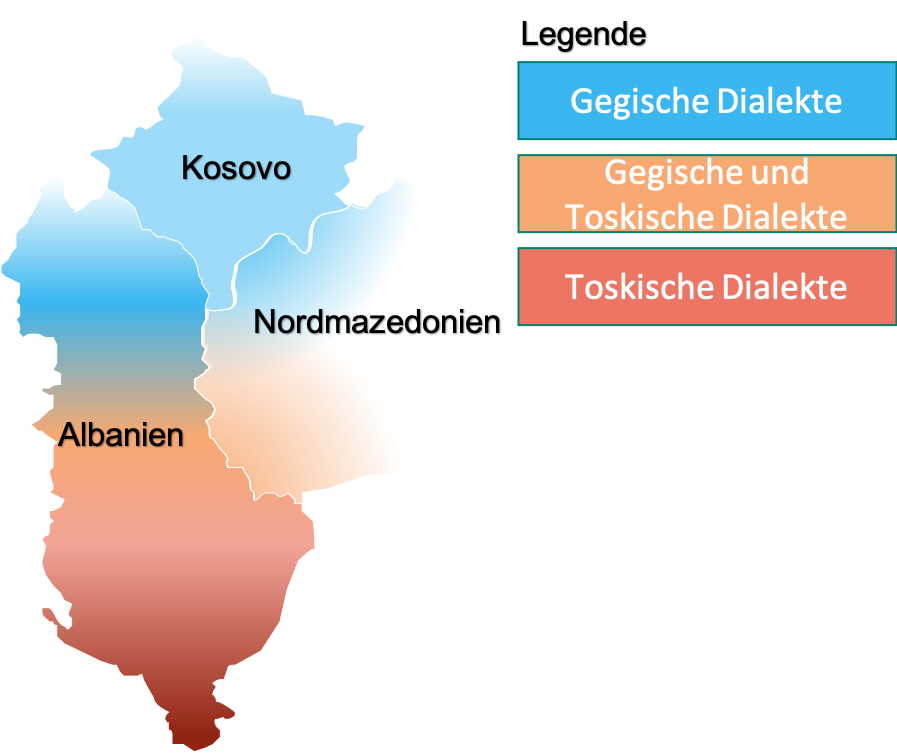 Karte: Aufteilung der albanischen Dialekte (Gegisch/Toskisch)